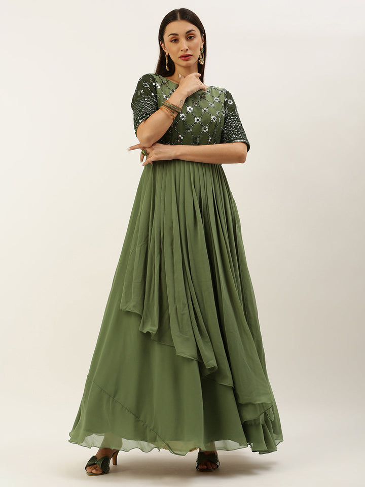 Green Georgette Sequined Asymmetrical Flare Gown