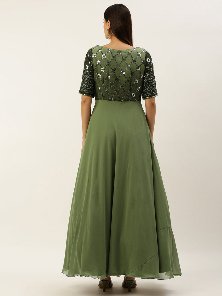 Green Georgette Sequined Asymmetrical Flare Gown