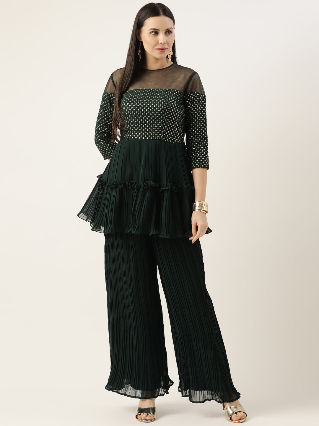 Green-Georgette-Sequins-Wide-Leg-Pant-Set