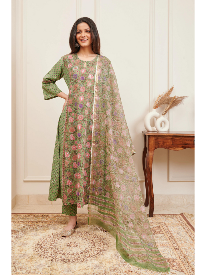 Green Hand Block Kota Doria Dupatta