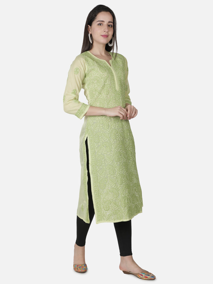 Green Kurta in Jaali-Bakhiya Style Chikan Work