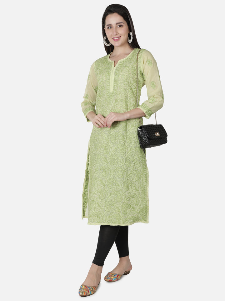 Green Kurta in Jaali-Bakhiya Style Chikan Work