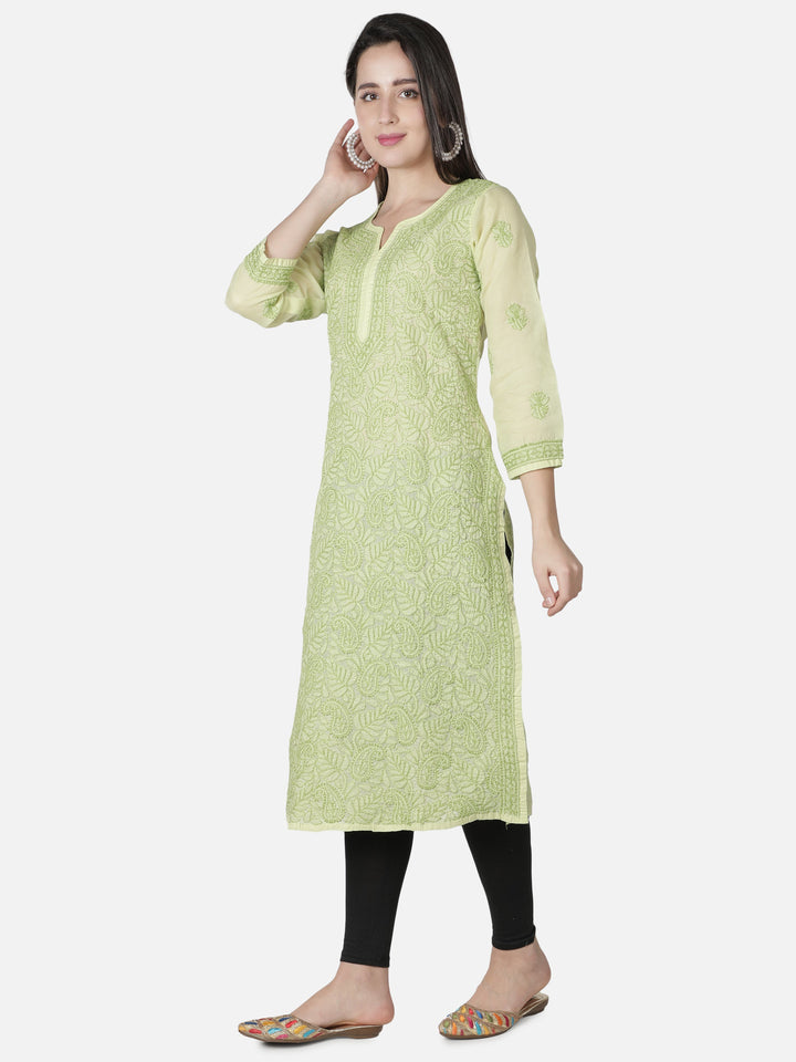Green Kurta in Jaali-Bakhiya Style Chikan Work