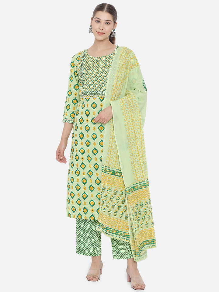 Green Motifs Printed Kurta Set & Dupatta