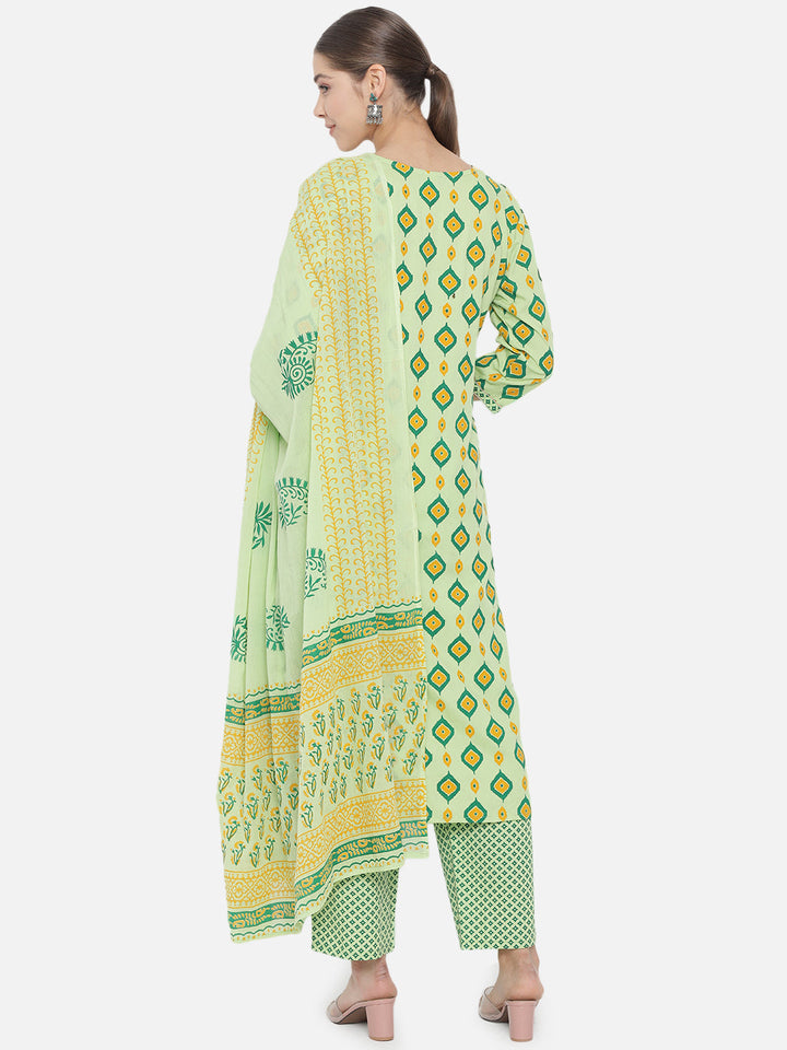 Green Motifs Printed Kurta Set & Dupatta