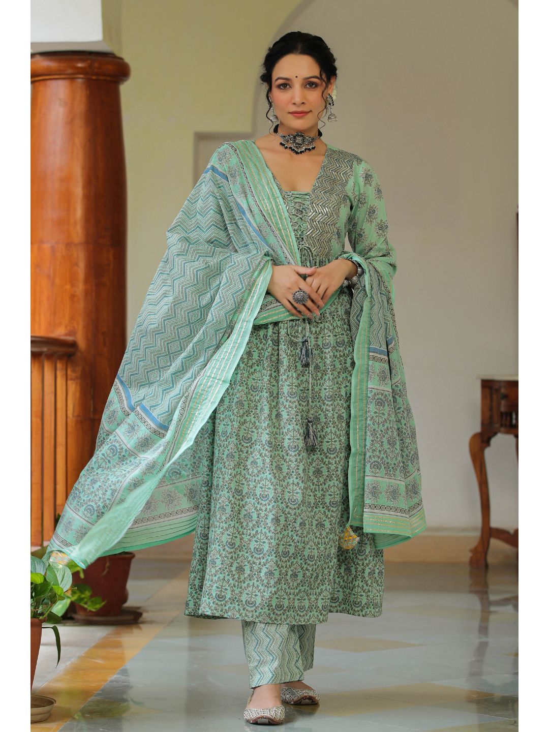 Green Orchid Printed Cotton Kalidar Suit Set