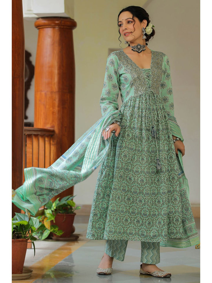 Green Orchid Printed Cotton Kalidar Suit Set