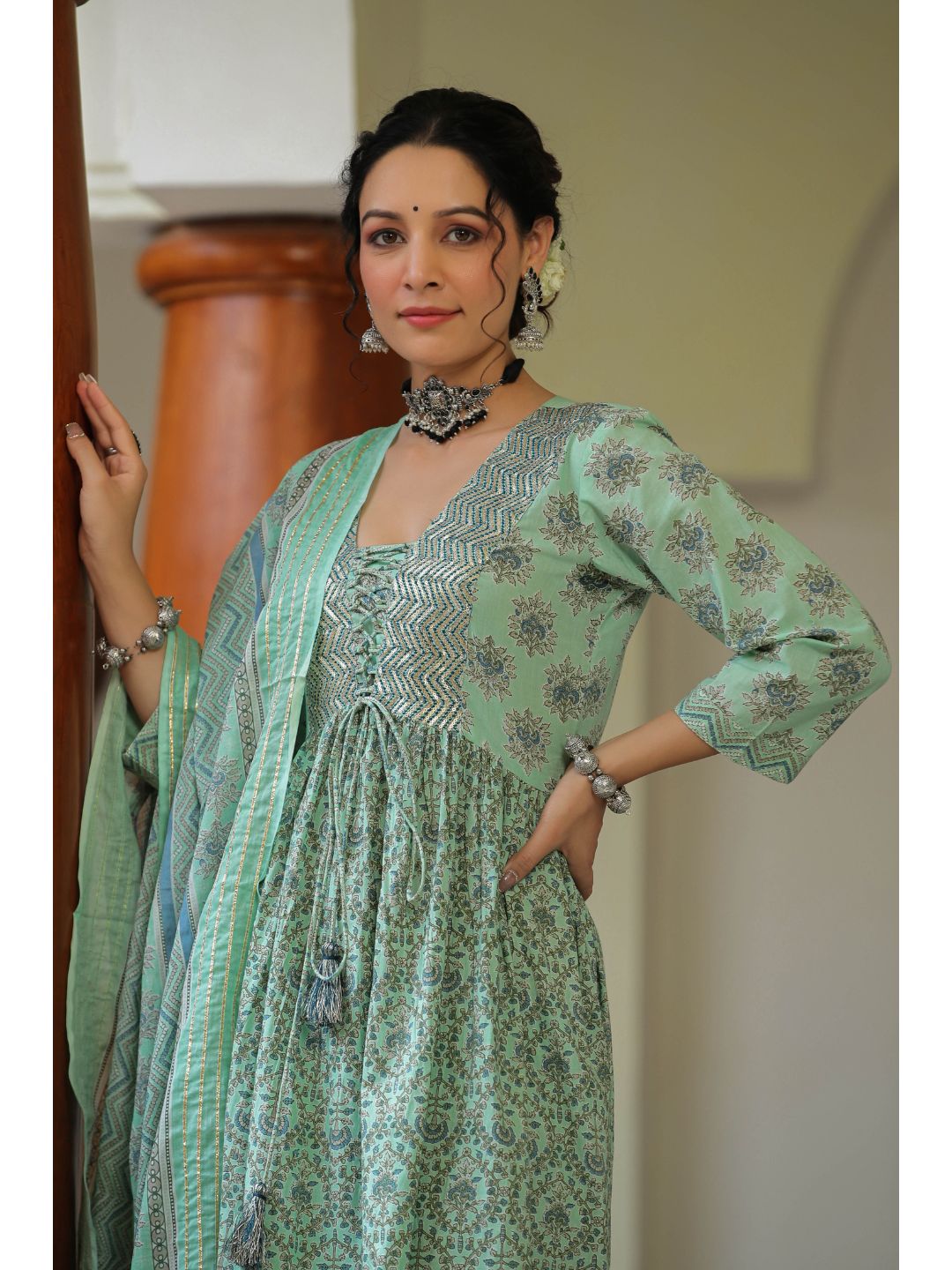 Green Orchid Printed Cotton Kalidar Suit Set