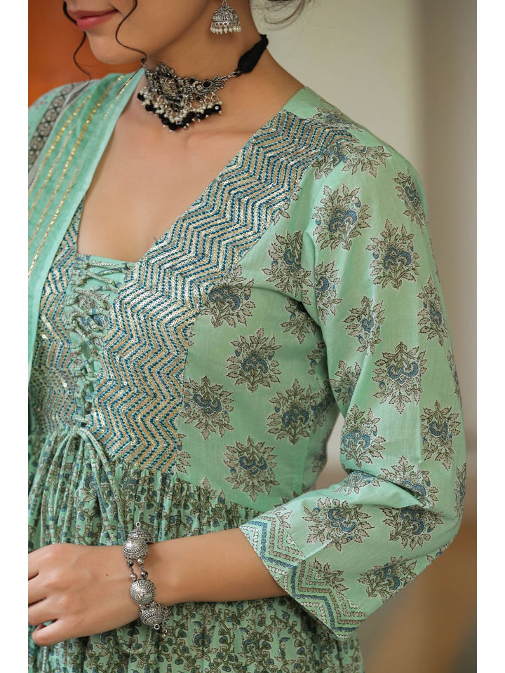 Green Orchid Printed Cotton Kalidar Suit Set