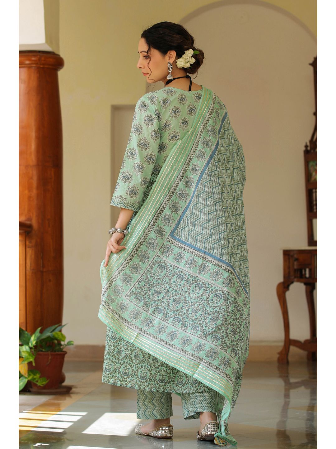 Green Orchid Printed Cotton Kalidar Suit Set