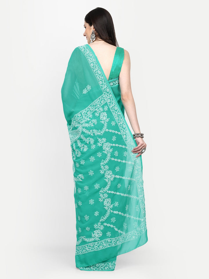 Green Poly Georgette Embroidered Chikankari Saree