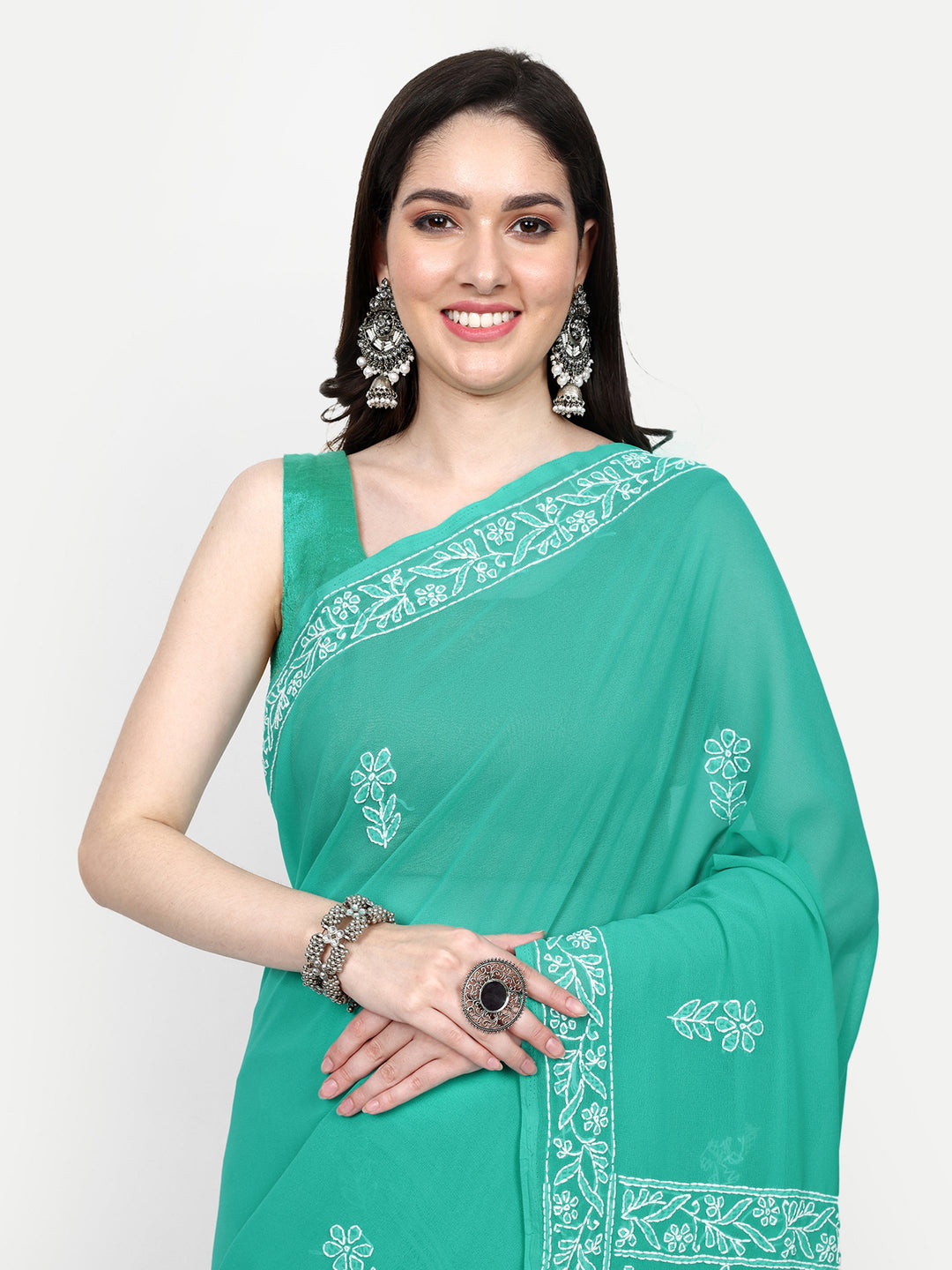 Green Poly Georgette Embroidered Chikankari Saree