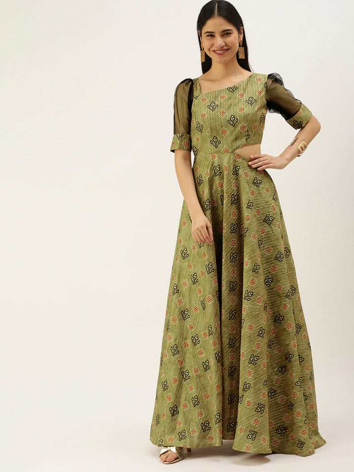 Green-Printed-Art-Silk-Gown