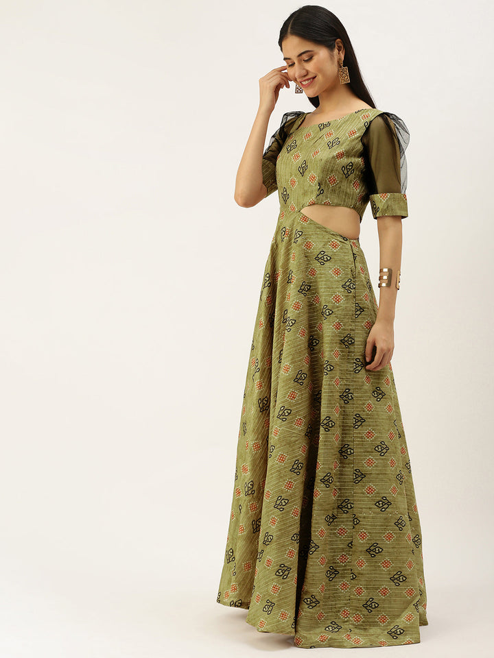 Green-Printed-Art-Silk-Gown