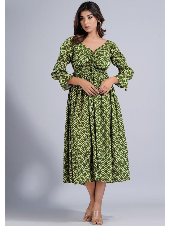 Green Printed Bateau Neckline Maxi Dress