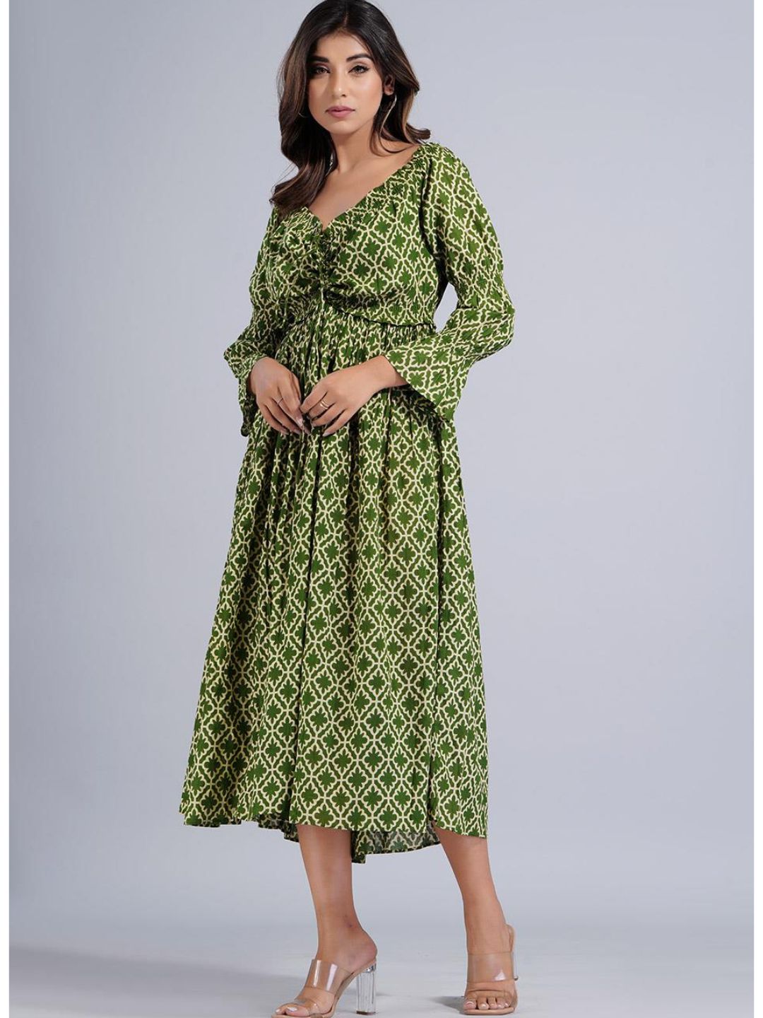 Green Printed Bateau Neckline Maxi Dress