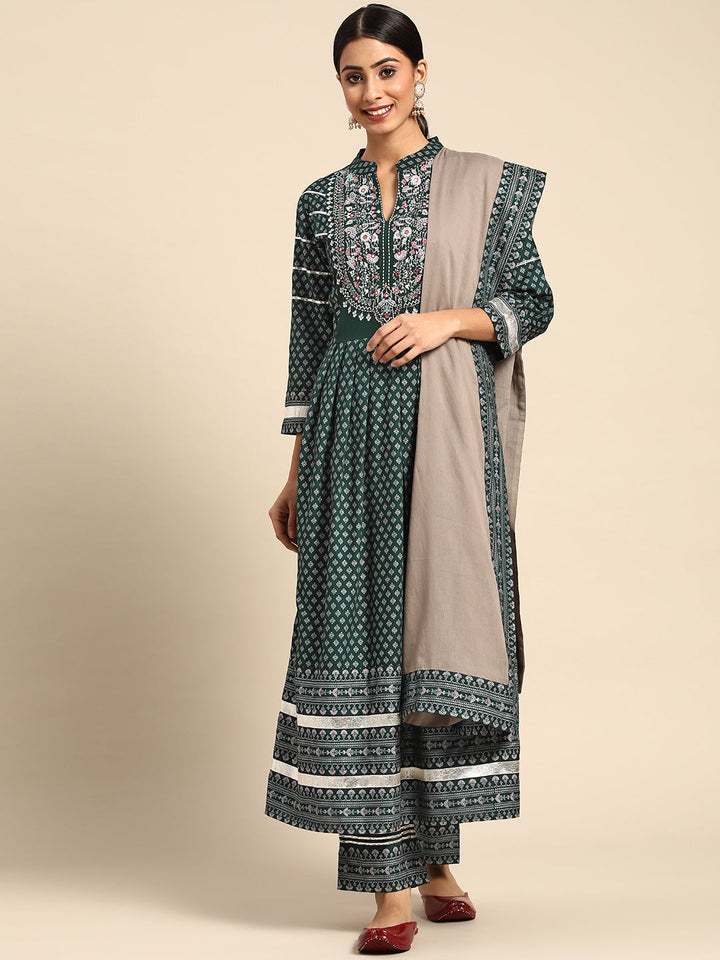 Green Printed Kurta With Palazzos Dupatta