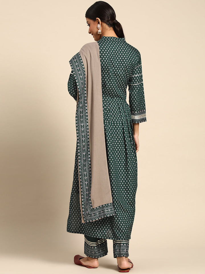 Green Printed Kurta With Palazzos Dupatta