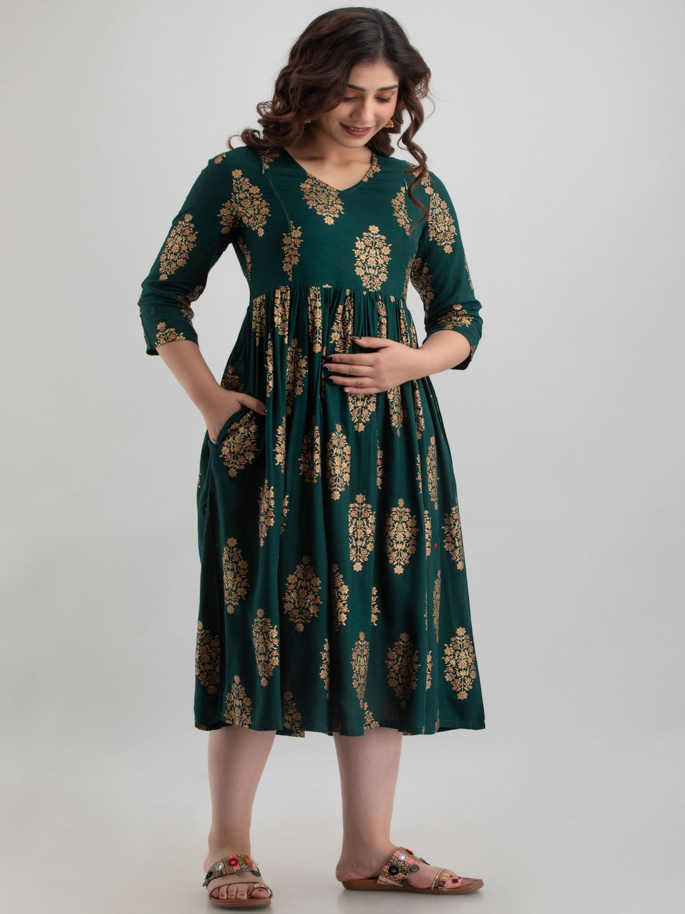 Green Printed Rayon Maternity Kurta Only