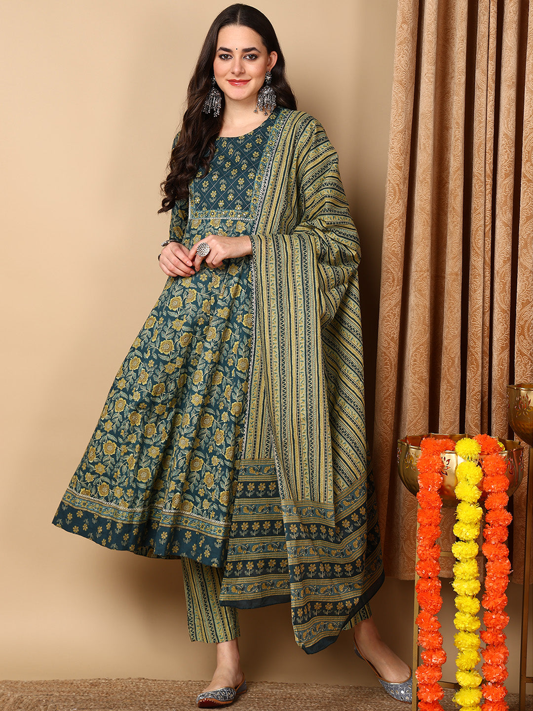 Green Pure Cotton Floral Printed Flared Kurta Trouser With Dupatta