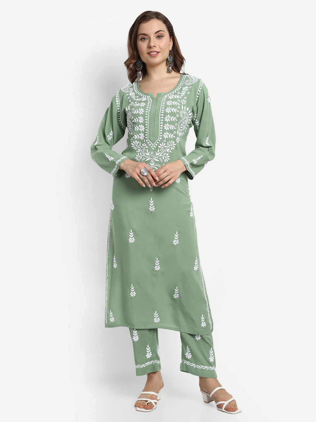 Green Rayon Chikankari Motif 2-Piece Kurta Set