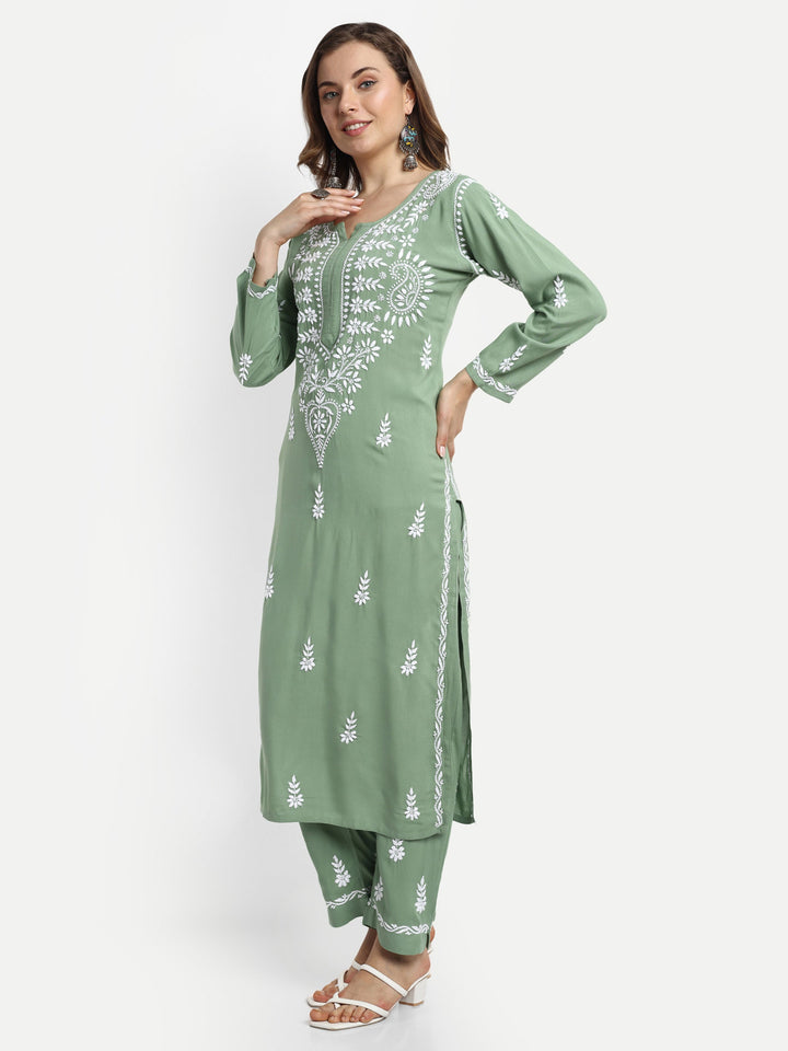 Green Rayon Chikankari Motif 2-Piece Kurta Set