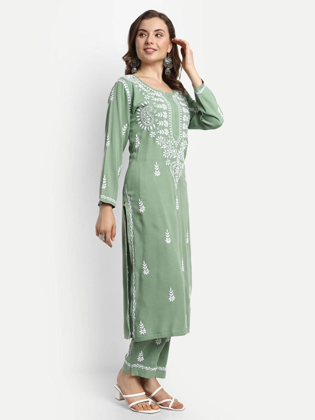 Green Rayon Chikankari Motif 2-Piece Kurta Set