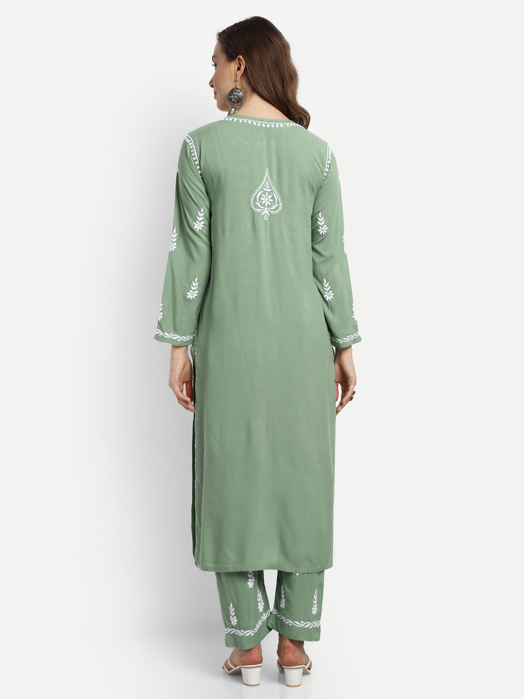 Green Rayon Chikankari Motif 2-Piece Kurta Set