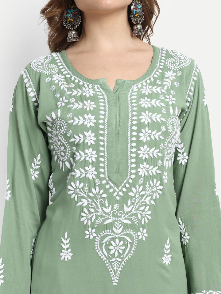 Green Rayon Chikankari Motif 2-Piece Kurta Set