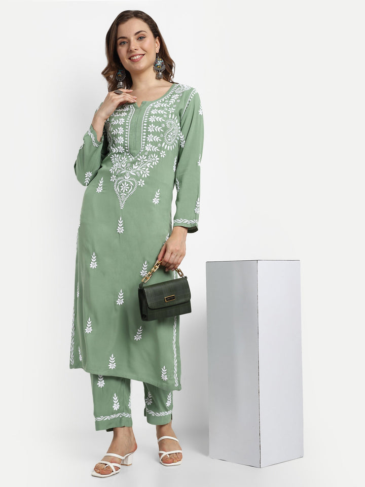 Green Rayon Chikankari Motif 2-Piece Kurta Set