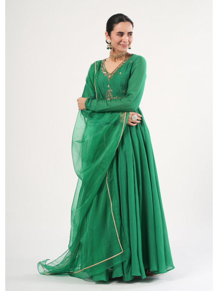Green Ruhi Silk Designer Anarkali with Dupatta