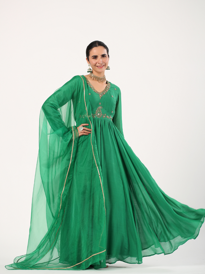Green Ruhi Silk Designer Anarkali with Dupatta