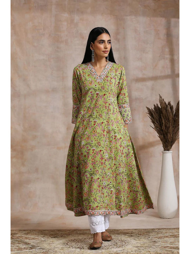 Green Sanganeri Hand Block Print A-Line Kurta