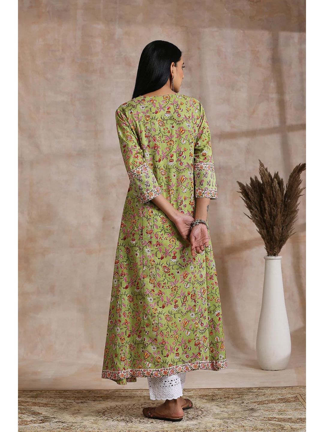 Green Sanganeri Hand Block Print A-Line Kurta