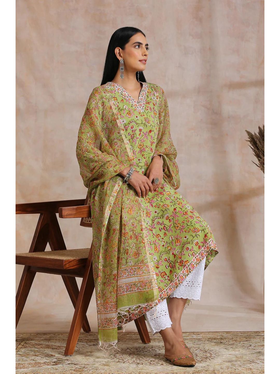 Green Sanganeri Hand Block Print A-Line Kurta