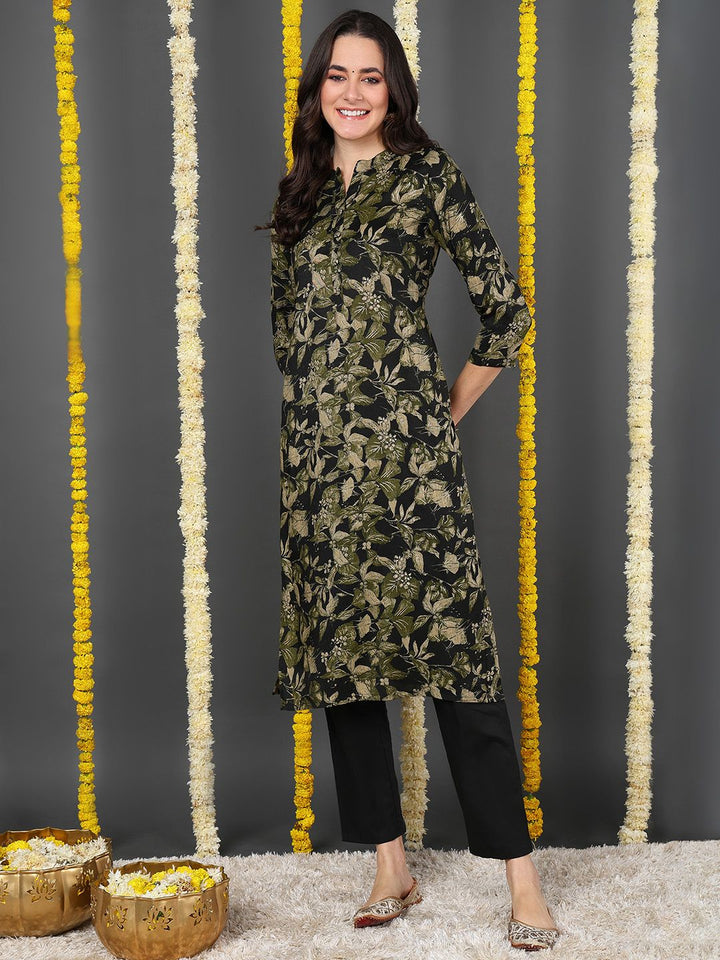 ZERESOUQ-Green-Silk-Blend-Chinese-Collar-Straight-Kurta