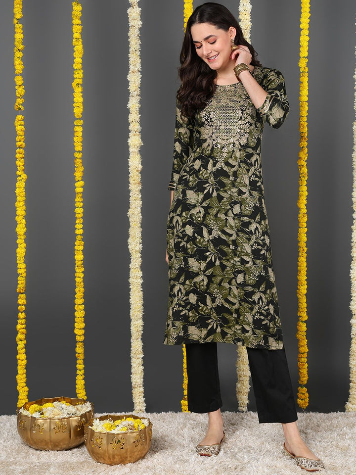 ZERESOUQ-Green-Silk-Blend-Floral-Printed-Round-Neck-Straight-Kurta