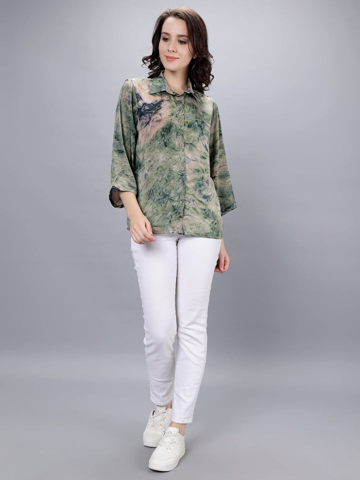 Green Silk Crepe Tie-Dye Digital Printed Shirt