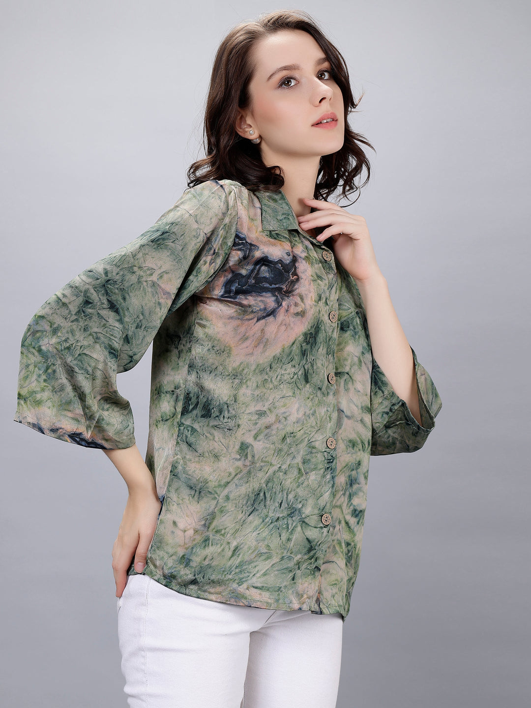 Green Silk Crepe Tie-Dye Digital Printed Shirt