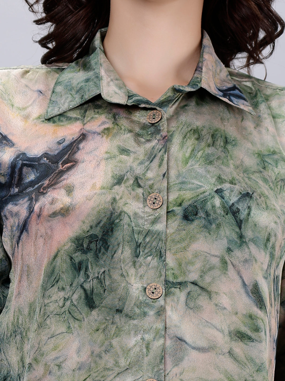 Green Silk Crepe Tie-Dye Digital Printed Shirt