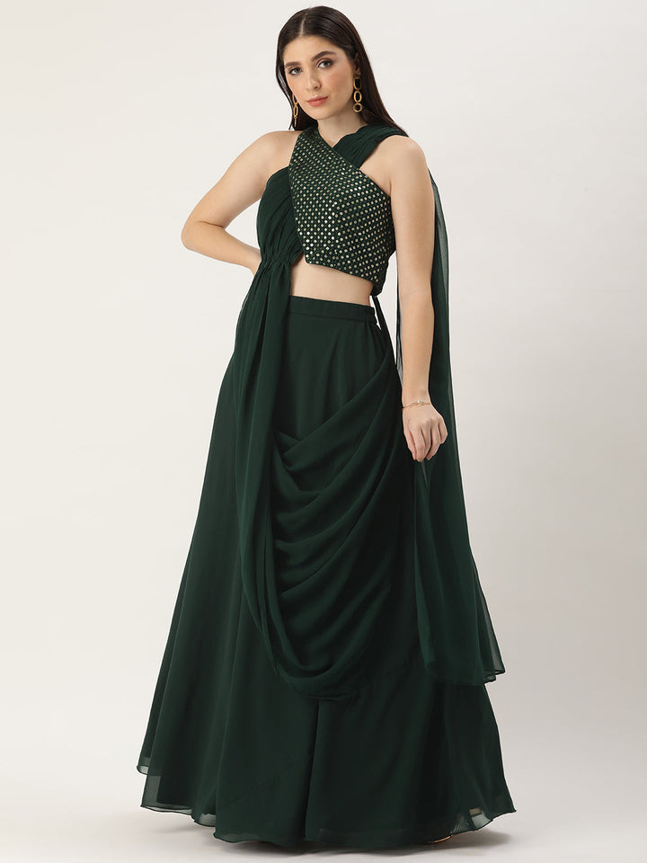 Green Solid Sequin Embroidered Skirt Set With Drape