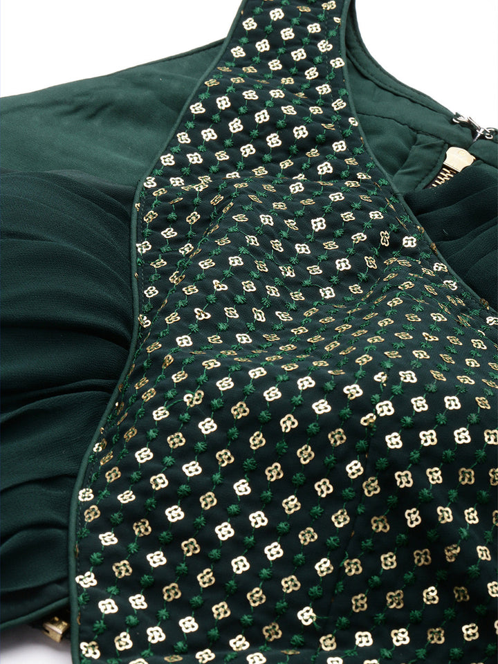 Green Solid Sequin Embroidered Skirt Set With Drape