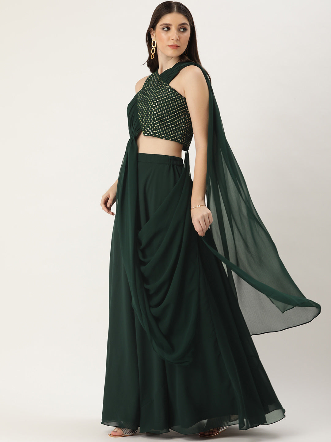 Green Solid Sequin Embroidered Skirt Set With Drape
