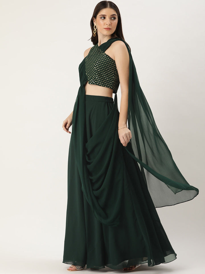 Green Solid Sequin Embroidered Skirt Set With Drape