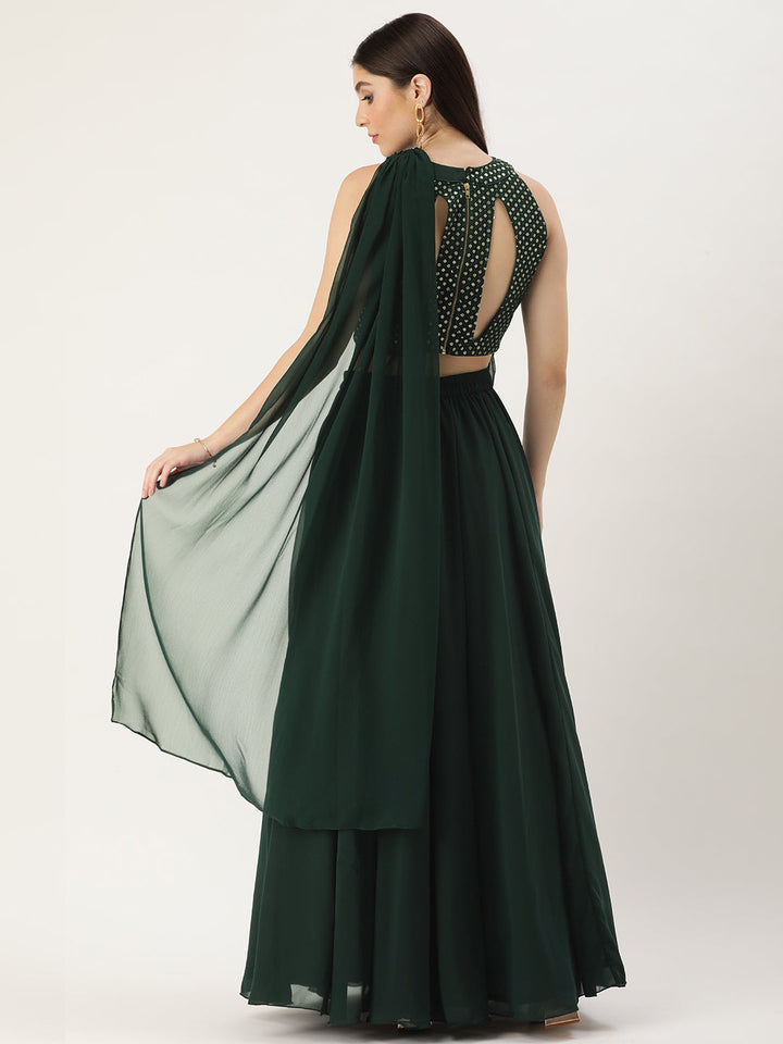 Green Solid Sequin Embroidered Skirt Set With Drape