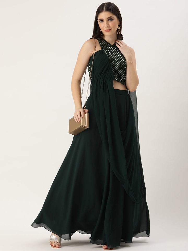 Green Solid Sequin Embroidered Skirt Set With Drape