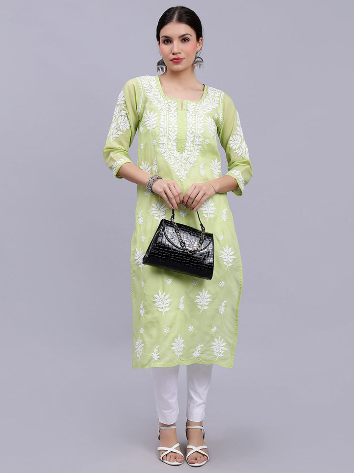 Green Terivoil Cotton Handwoven Chikankari Kurti