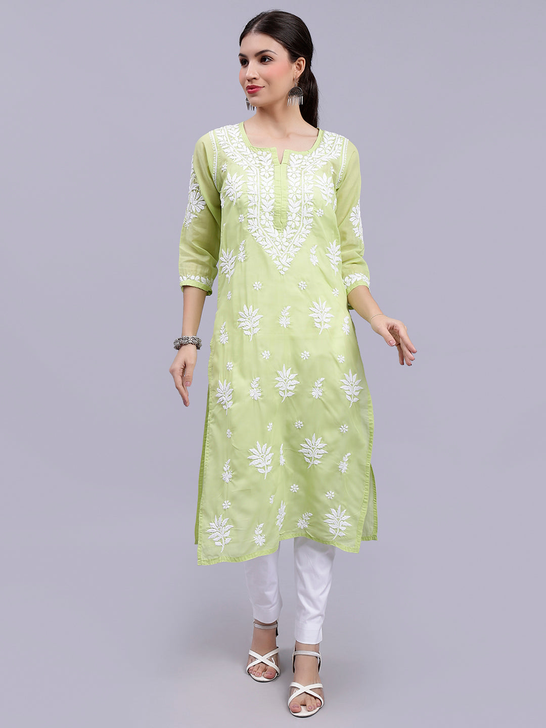 Green Terivoil Cotton Handwoven Chikankari Kurti