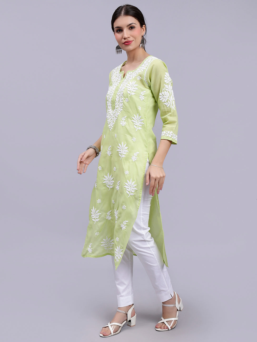 Green Terivoil Cotton Handwoven Chikankari Kurti