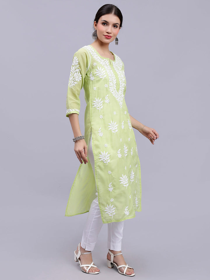 Green Terivoil Cotton Handwoven Chikankari Kurti